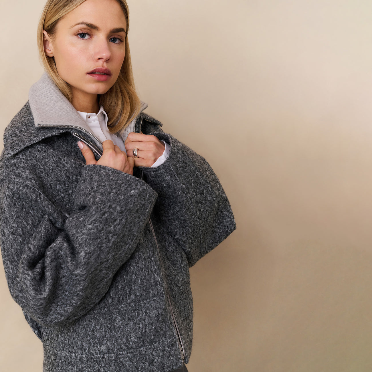 Short Bouclé Jacket with Stand-Up Collar