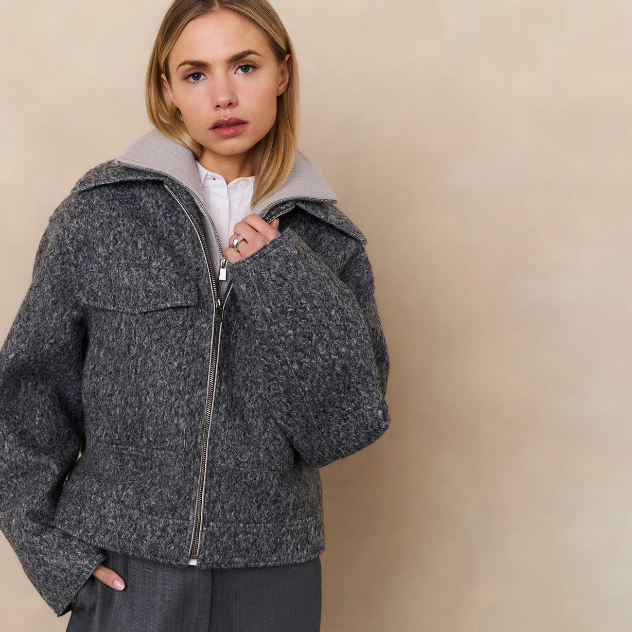 Short Bouclé Jacket with Stand-Up Collar