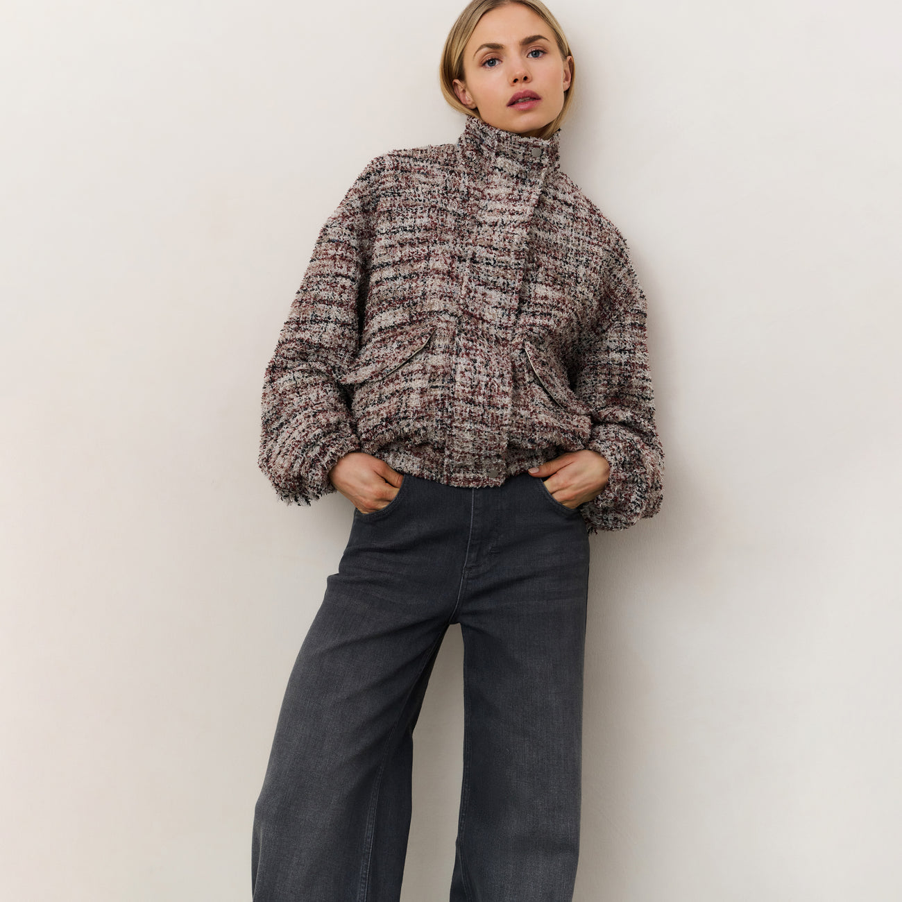 Bouclé Jacket with Fringes and Stand-Up Collar