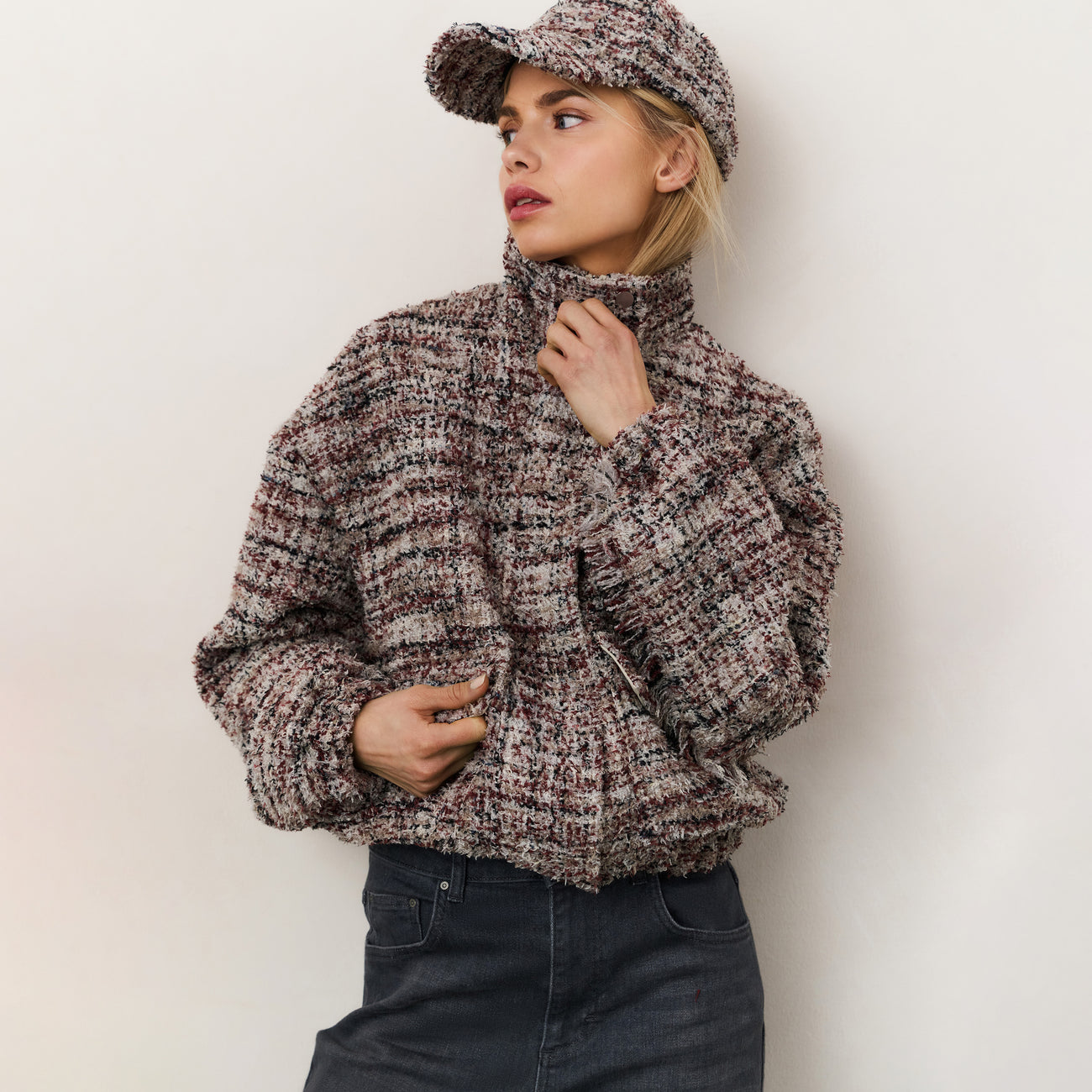 Bouclé Jacket with Fringes and Stand-Up Collar