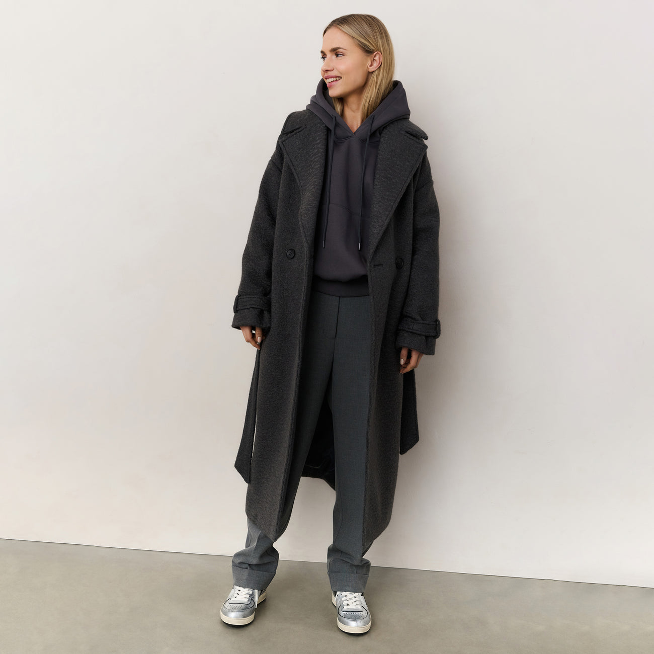 Long Bouclé Coat with Belt and Oversized Fit - Anthracite Melange