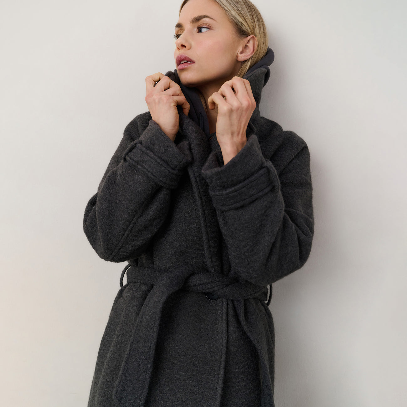 Long Bouclé Coat with Belt and Oversized Fit - Anthracite Melange