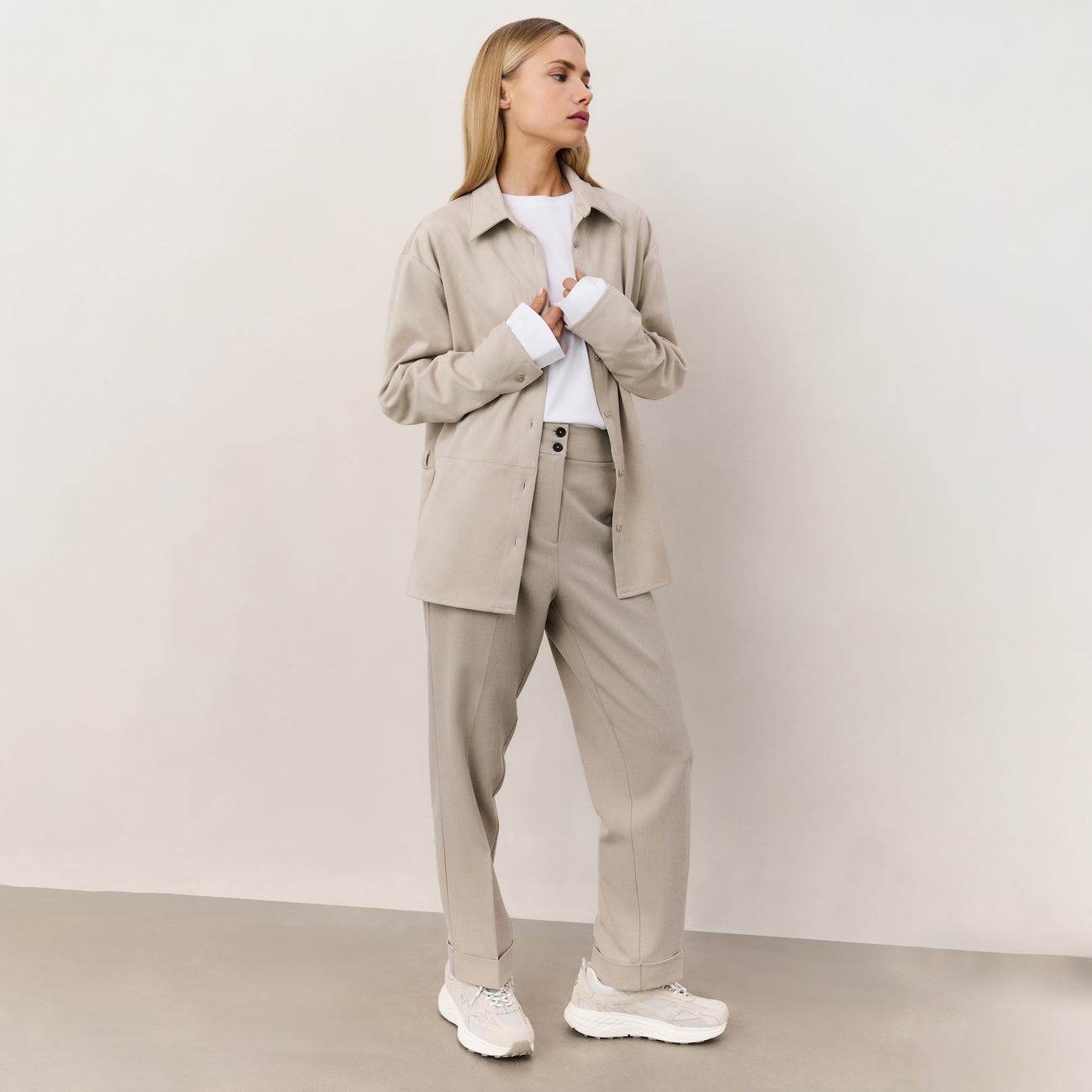 High Waist Tailored Trousers with Turn-Ups - Sand Melange