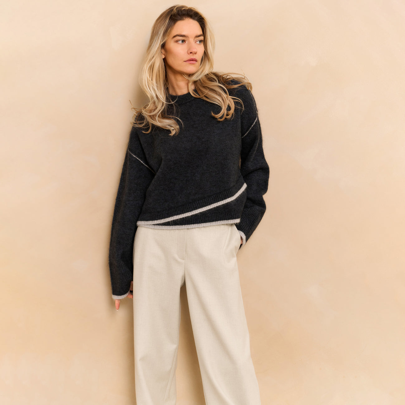Knitted Sweater with Contrasting Lines - Collegiate Blue Melange