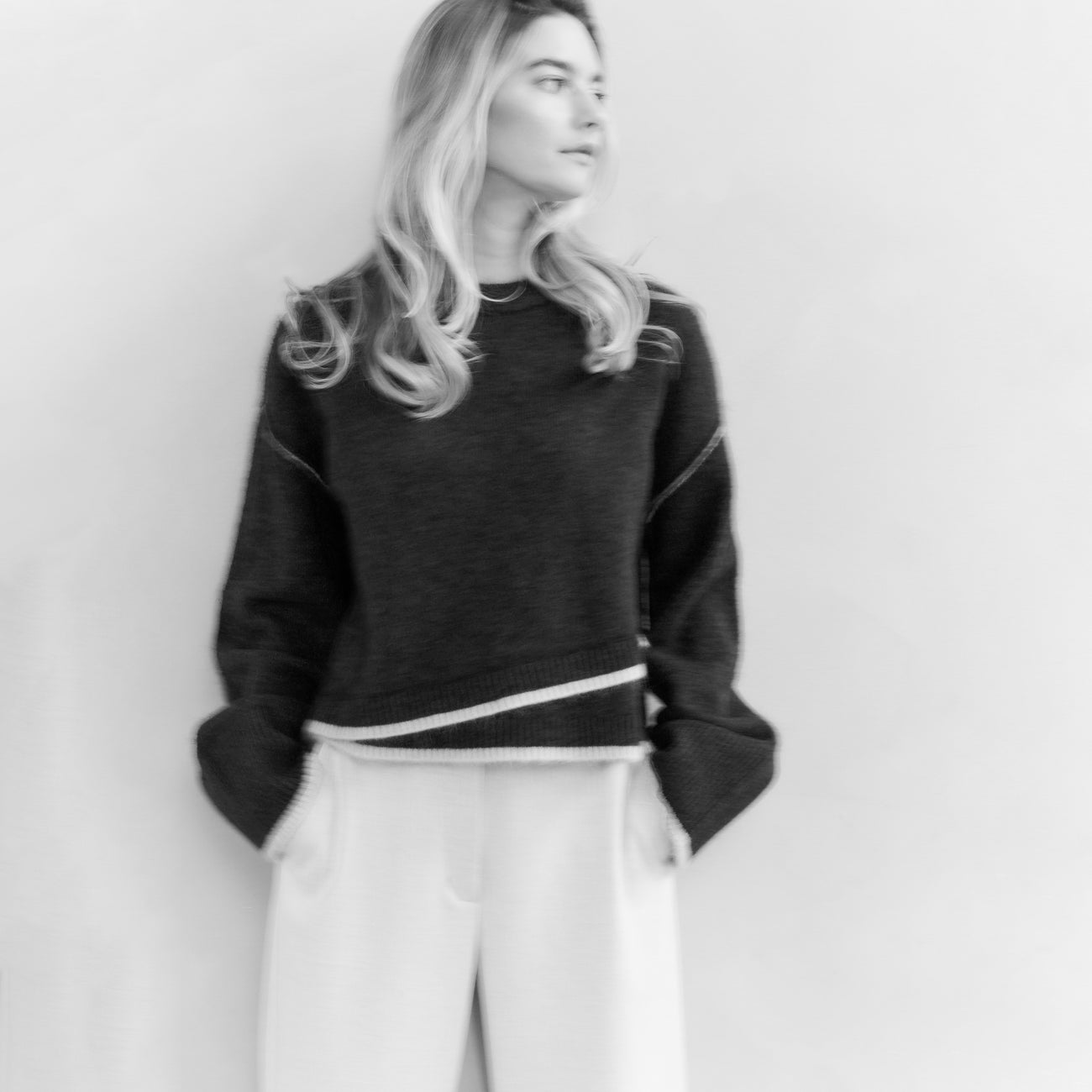 Knitted Sweater with Contrasting Lines - Collegiate Blue Melange