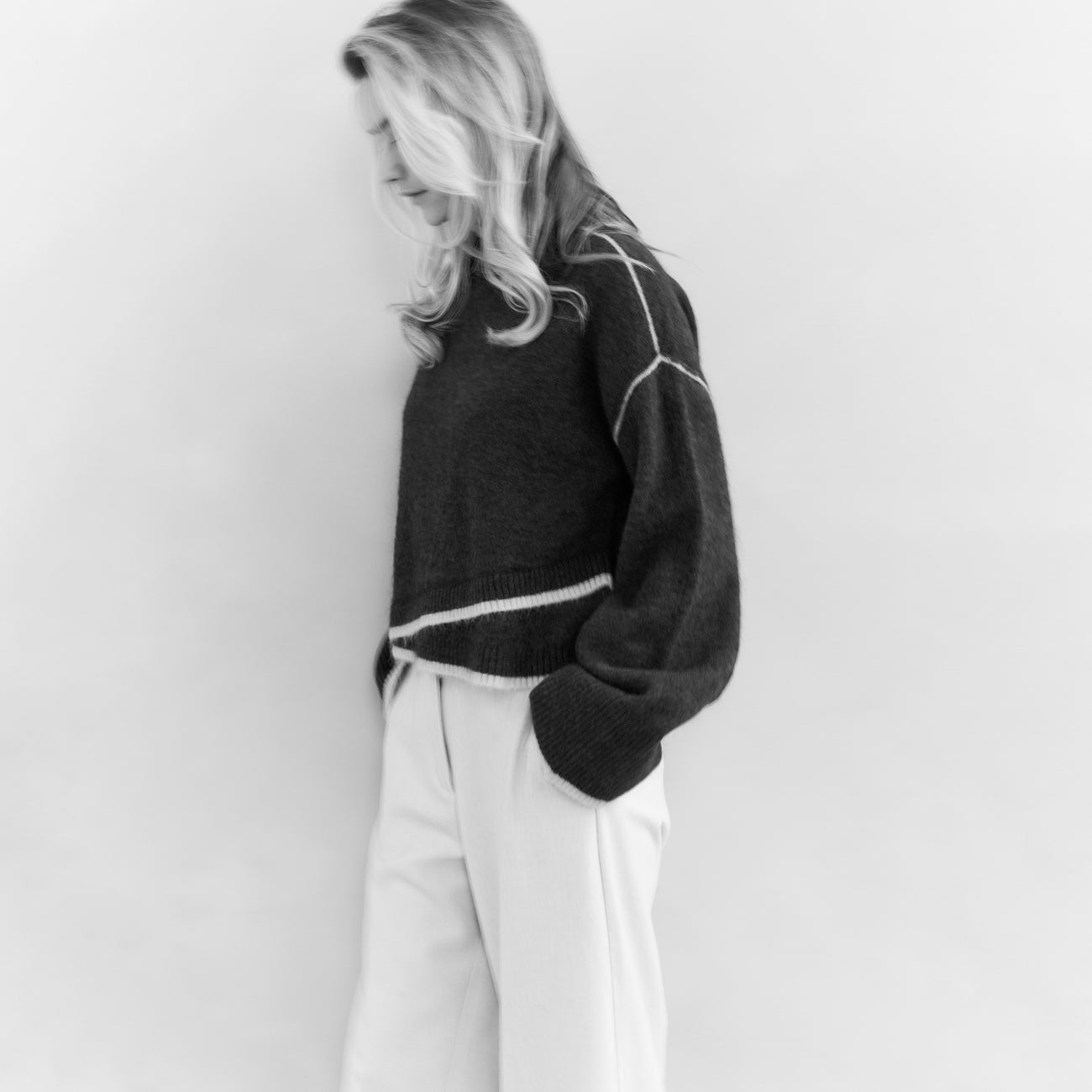 Knitted Sweater with Contrasting Lines - Collegiate Blue Melange
