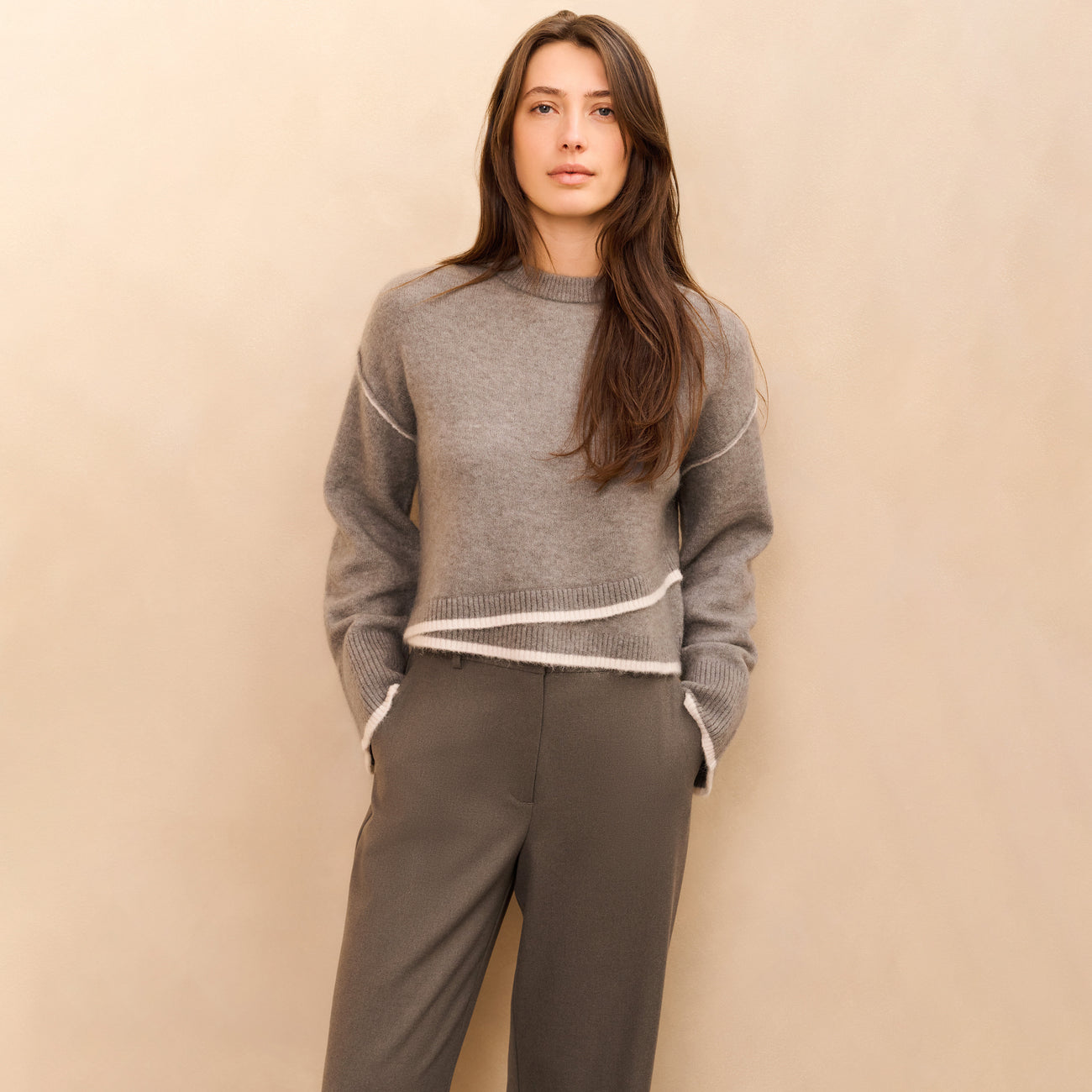 Knitted Sweater with Contrasting Lines - Taupe Grey Melange