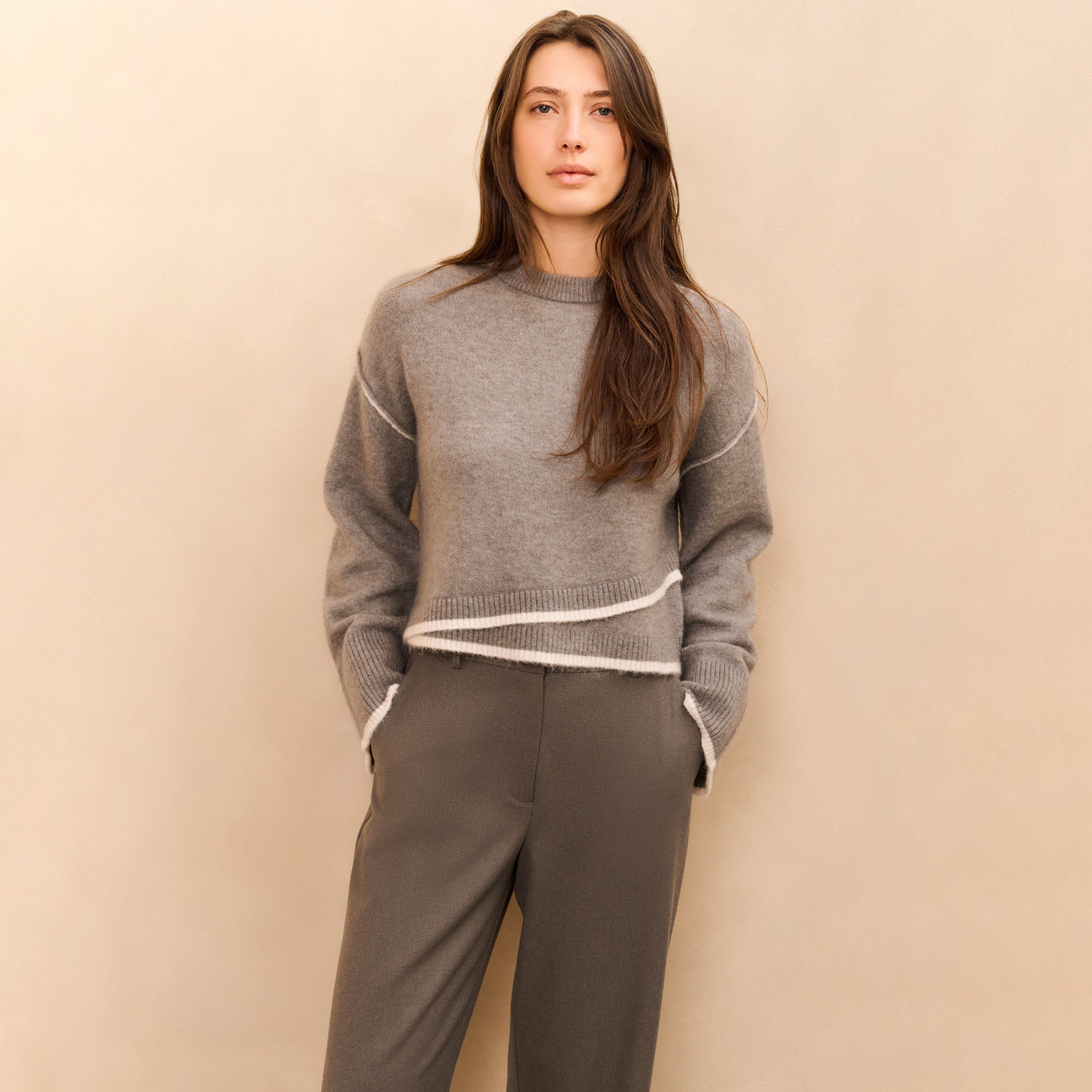 Soft Structured Trousers with Big Turn-Ups - Dark Taupe Grey Melange