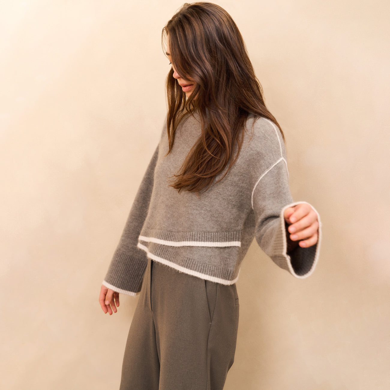 Knitted Sweater with Contrasting Lines - Taupe Grey Melange
