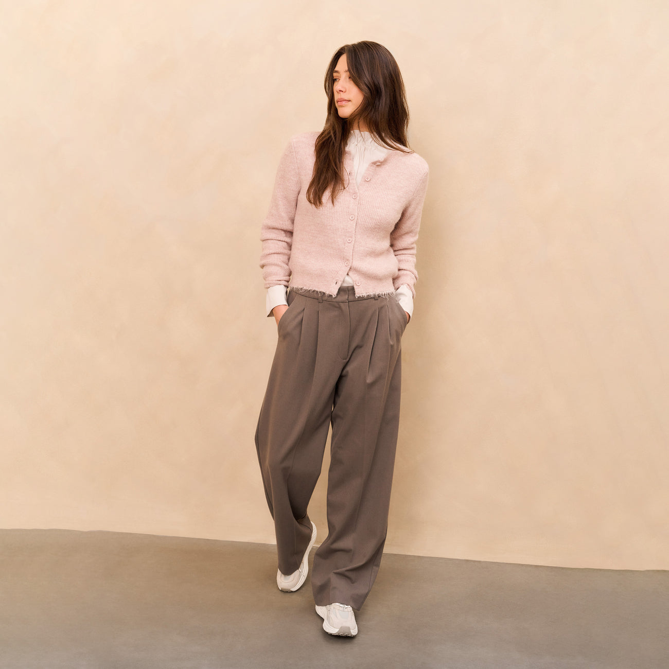 Short Melange Cardigan with Refined Trim Details - Shadow Grey Pink