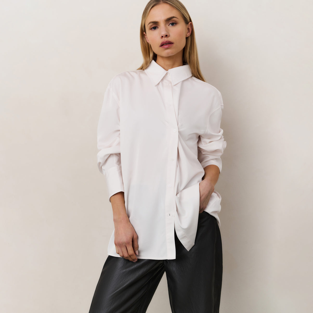 Faux Leather Trousers with Seam Details - Anthracite Brown