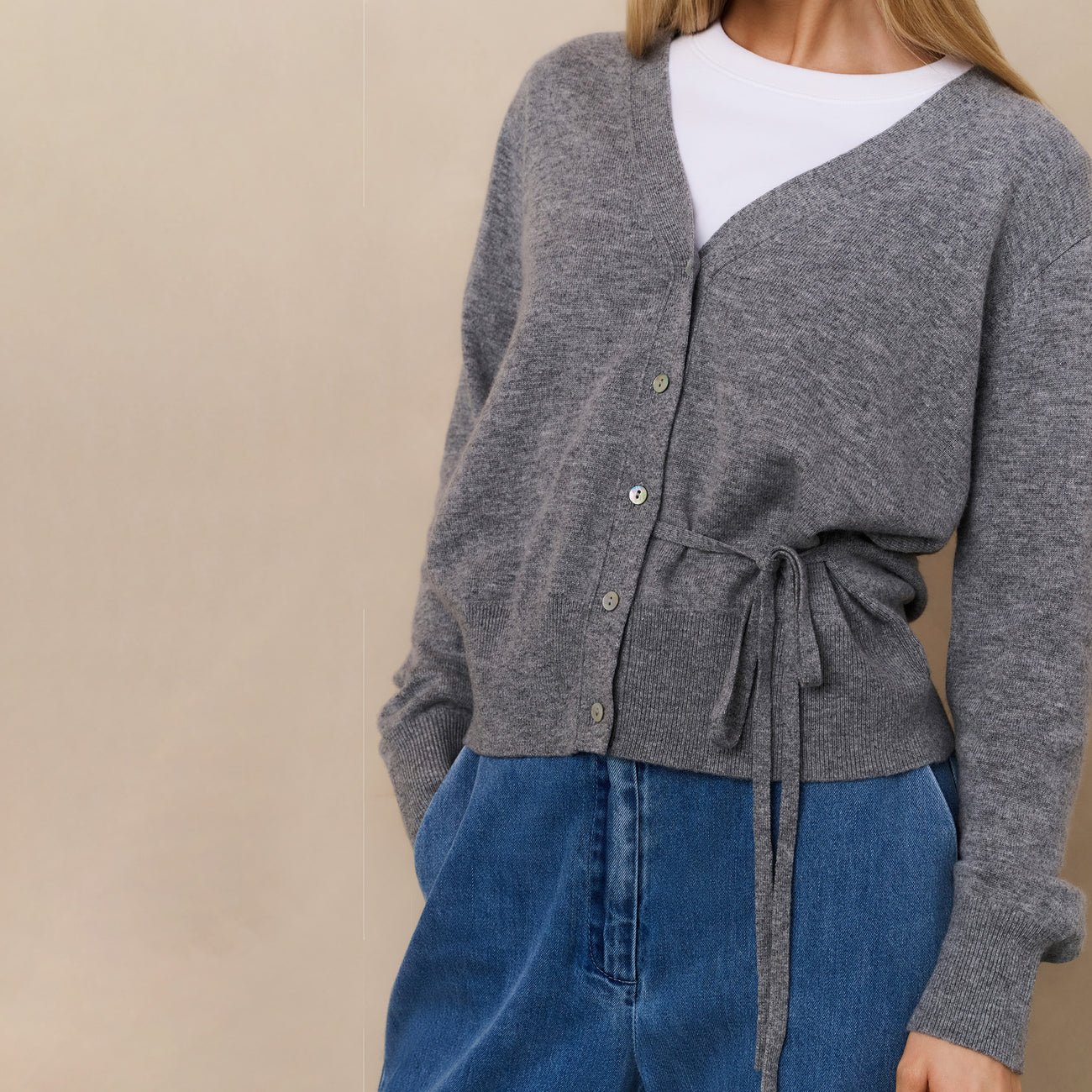 Cardigan with V-Neck & Tie Waist - Medium Grey Melange