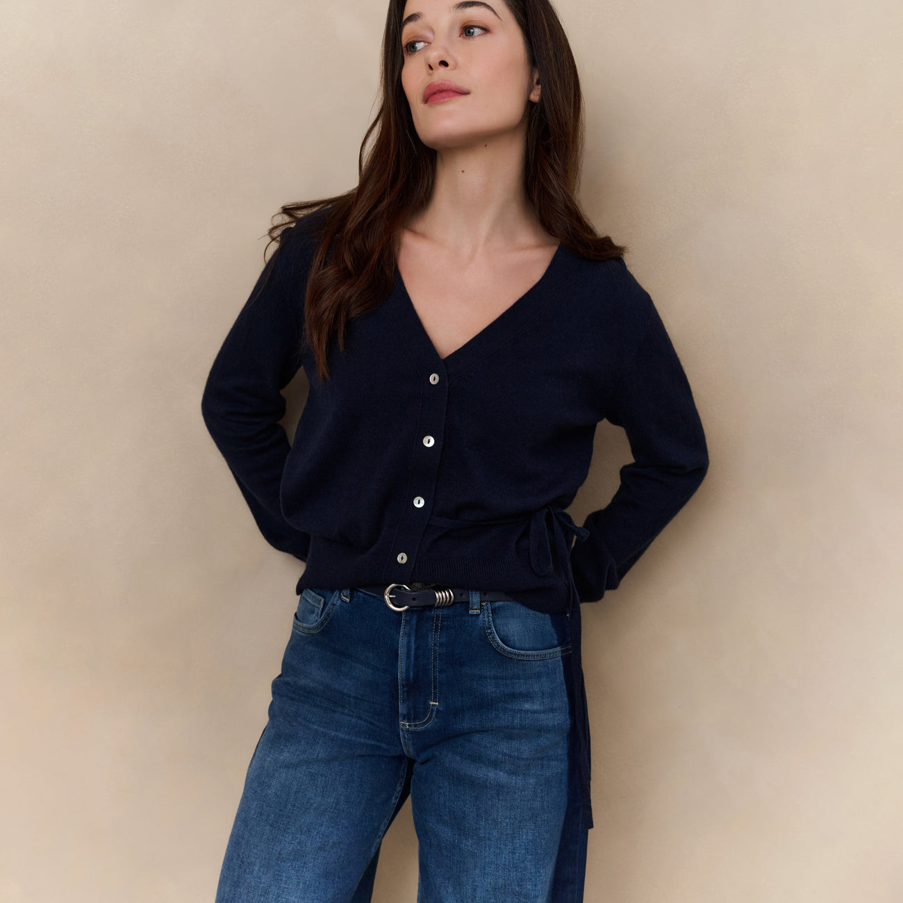 Cardigan with V-Neck & Tie Waist - Inkwell Blue