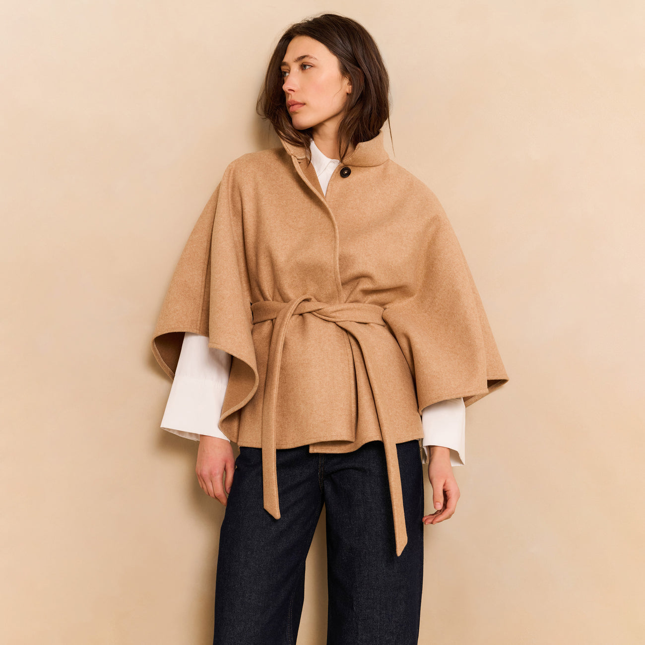 Soft Woven Poncho with Collar and Belt