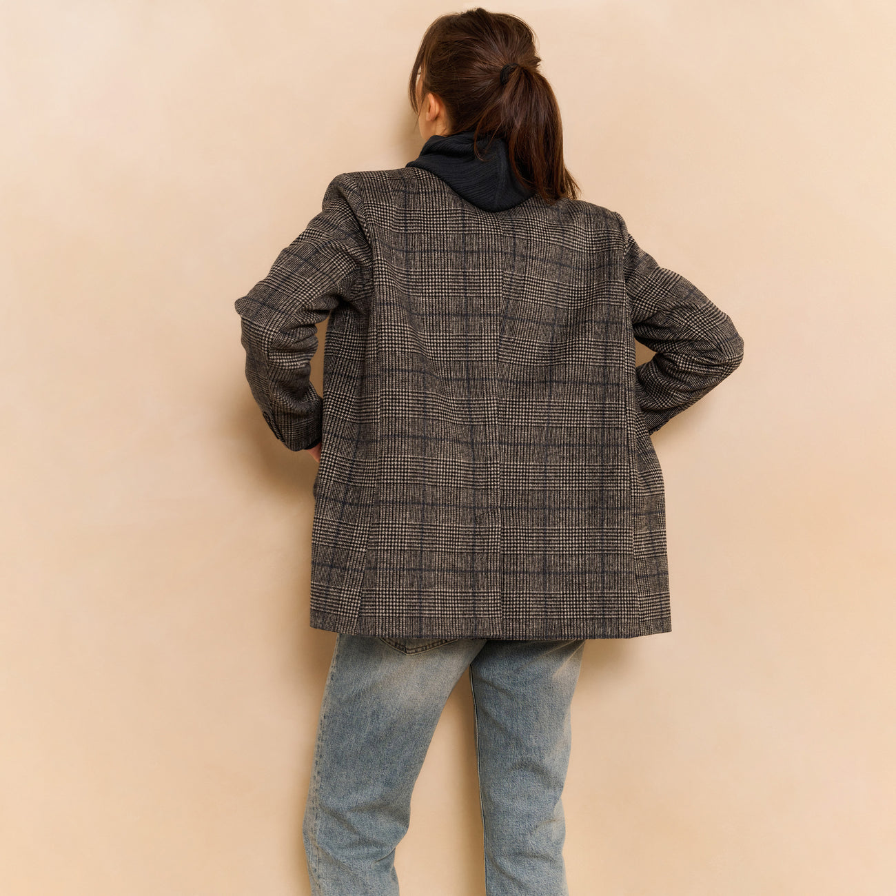 Oversized Checked Blazer with Button Closure