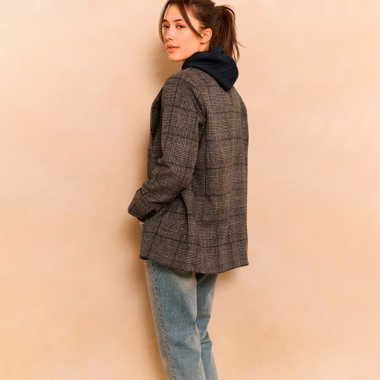 Oversized Checked Blazer with Button Closure