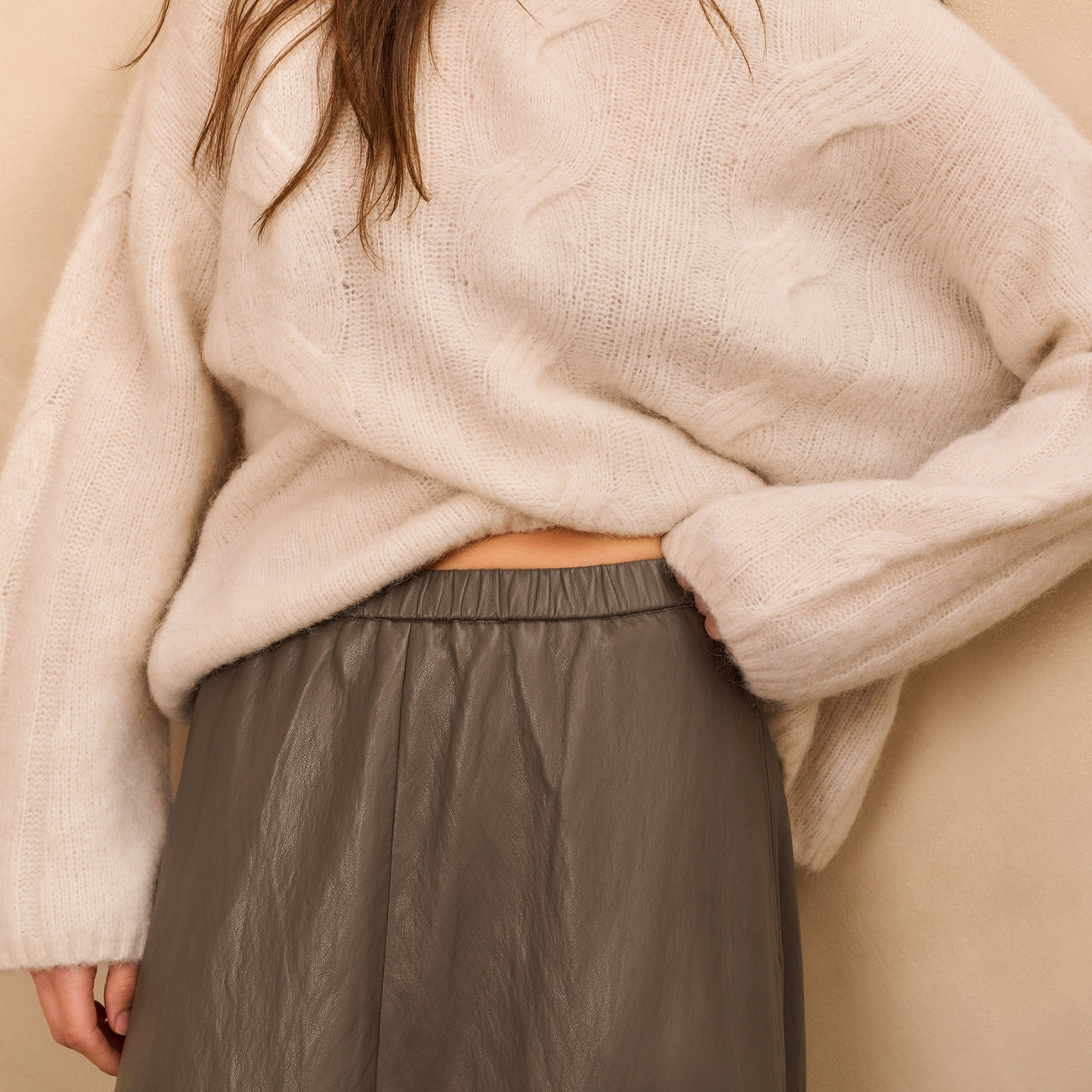 Faux Leather Aline Midi Skirt with Pockets