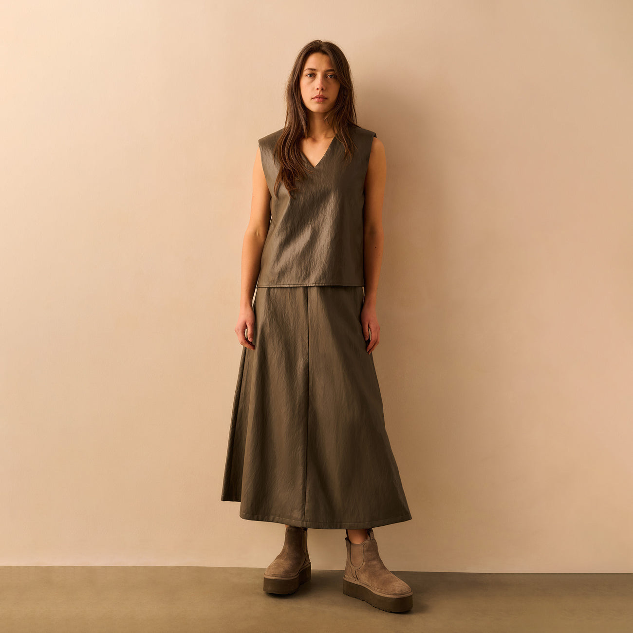 Faux Leather Aline Midi Skirt with Pockets