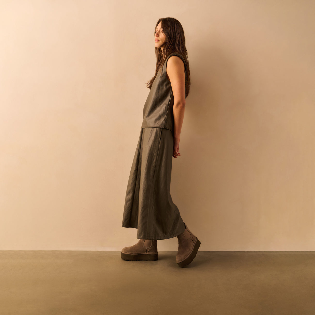 Faux Leather Aline Midi Skirt with Pockets