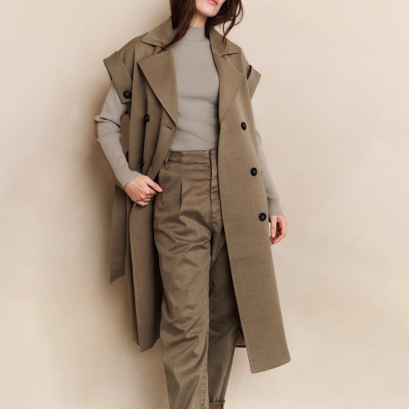 Trousers with Pleats and Chino Pockets - Capers Brownish Green