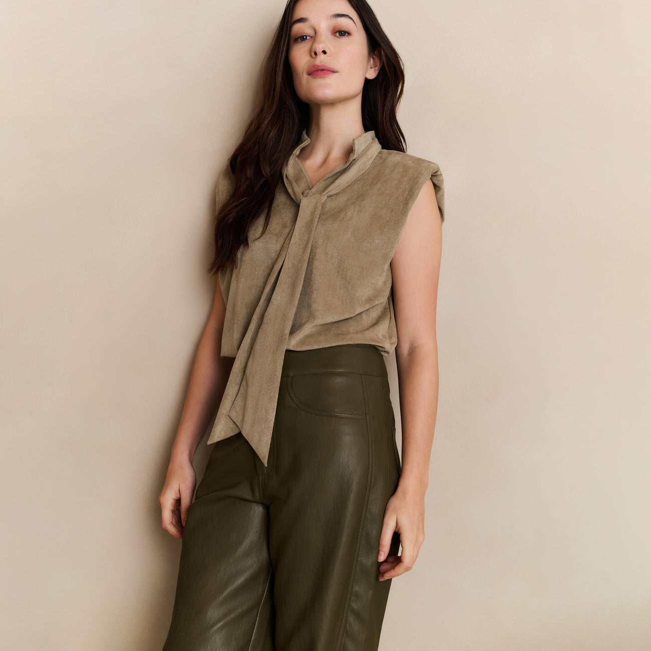 Faux Leather Trousers with Seam Details - Capers Brownish