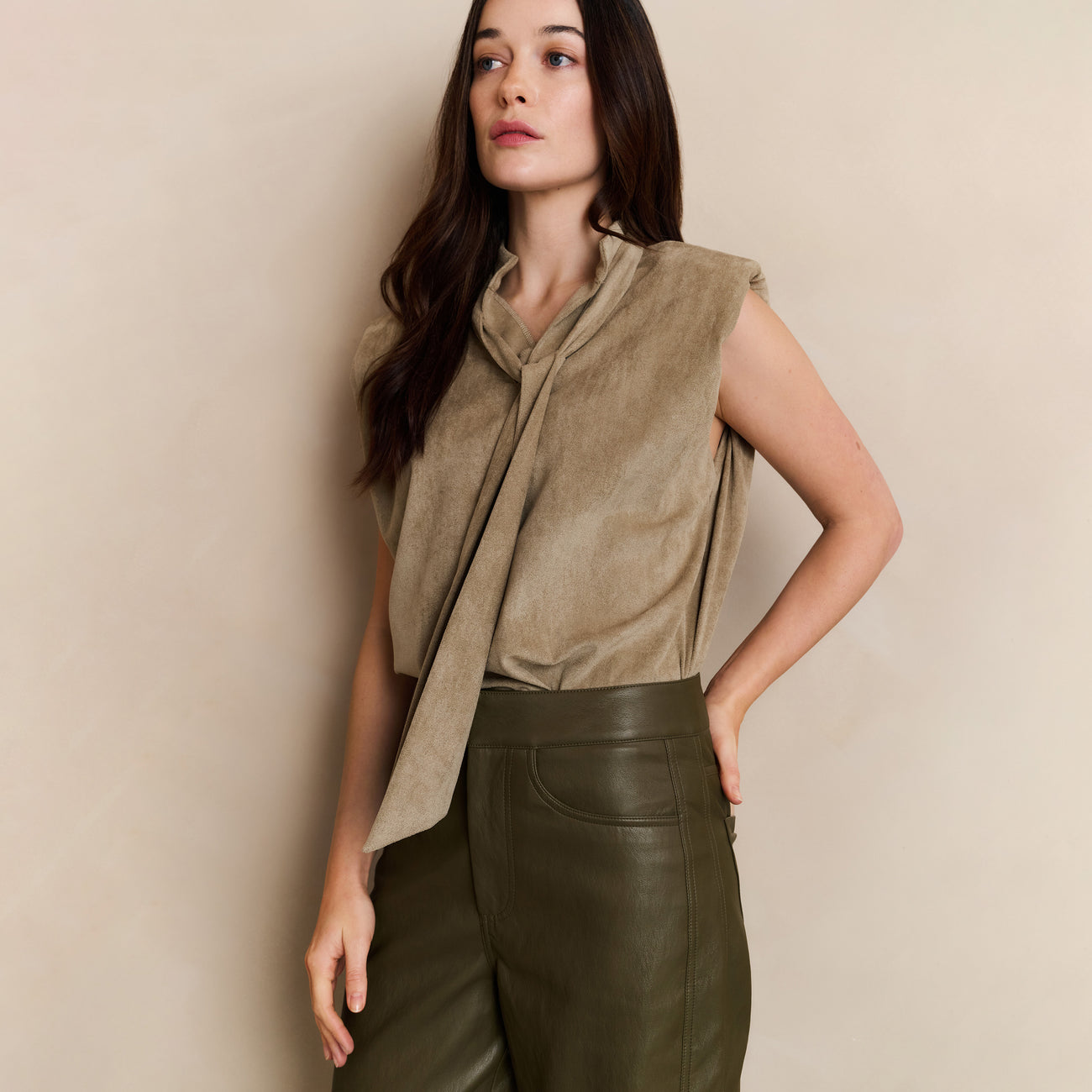 Faux Leather Trousers with Seam Details - Capers Brownish