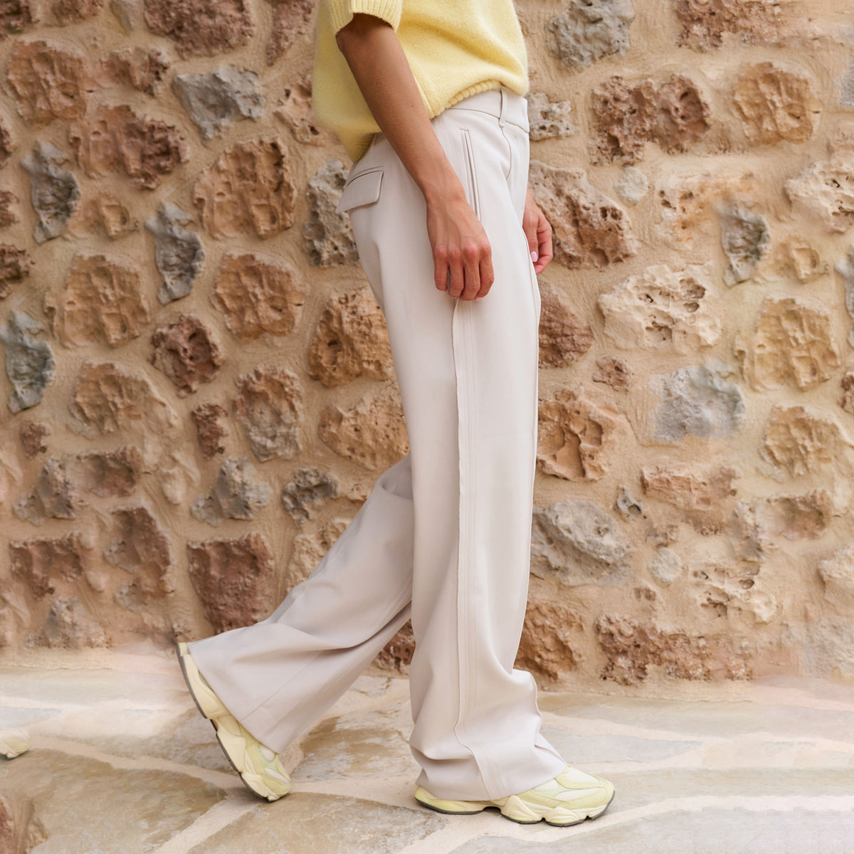 Woven Trousers with Wide Legs and Stitched Details