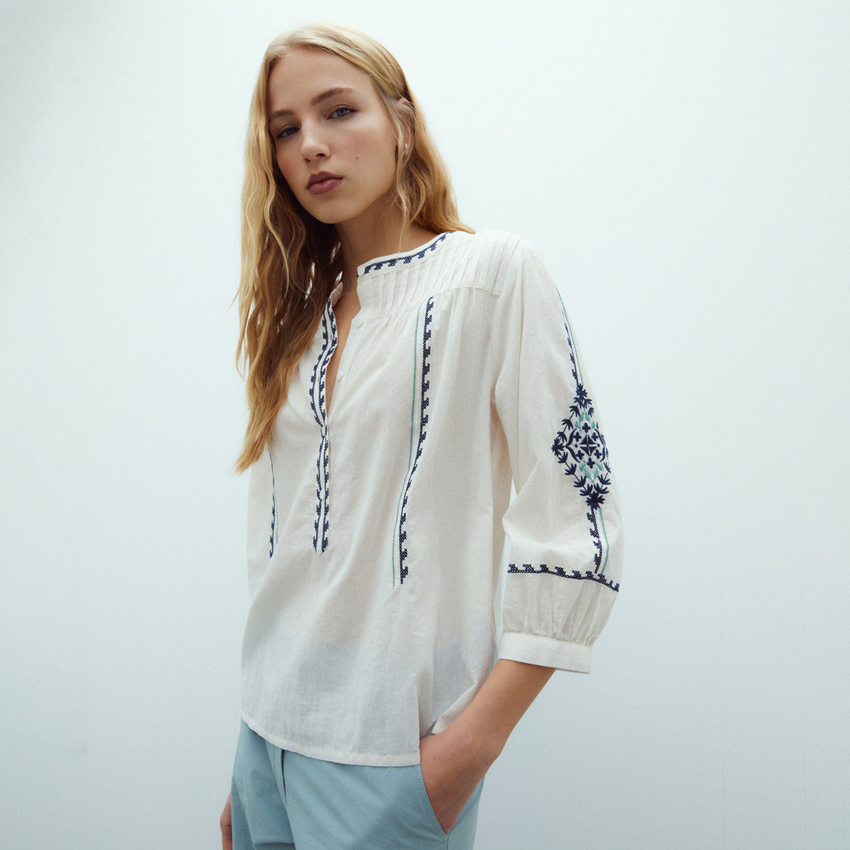 Round Neck Blouse with Embroidery