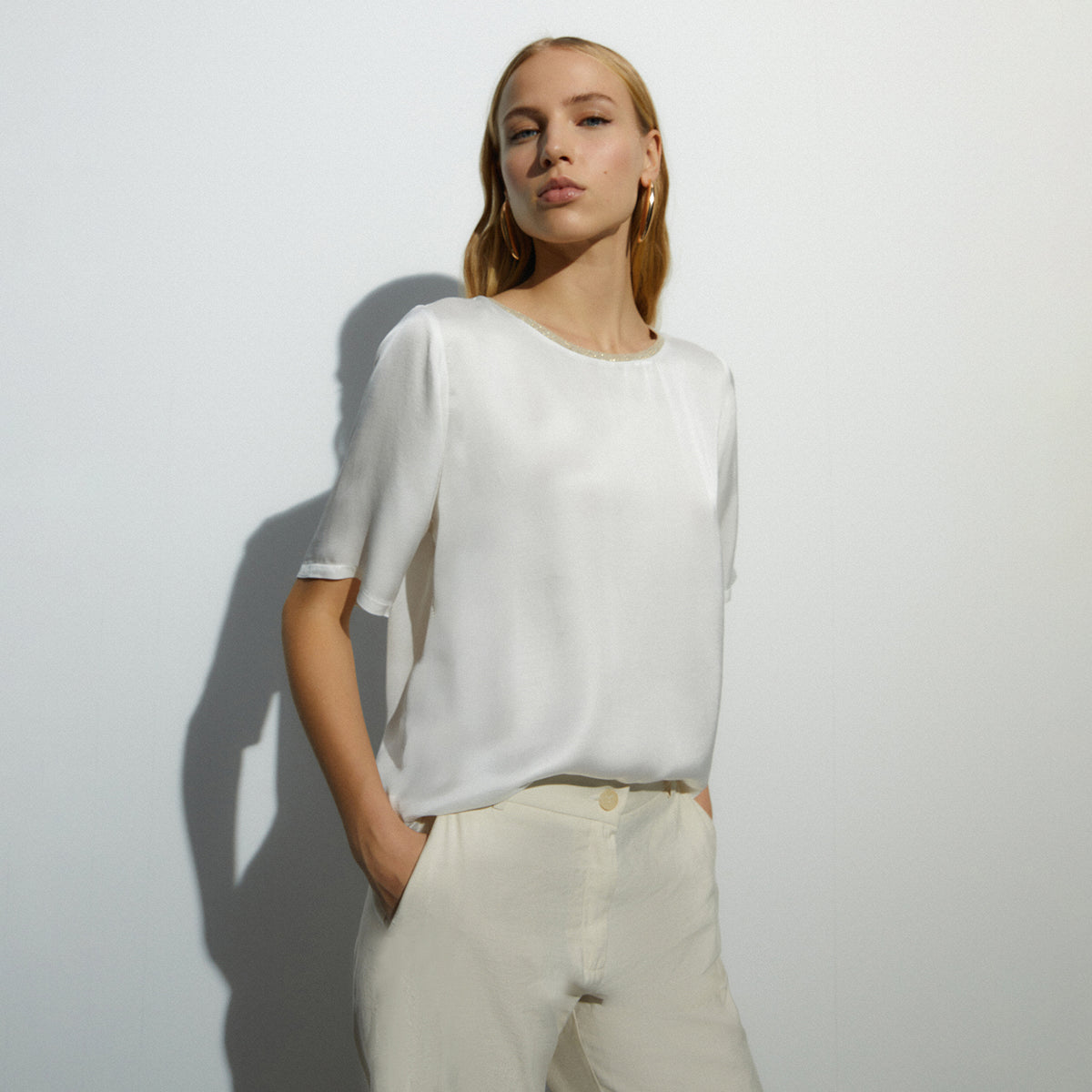 Short-Sleeve Crew Neck Blouse - White