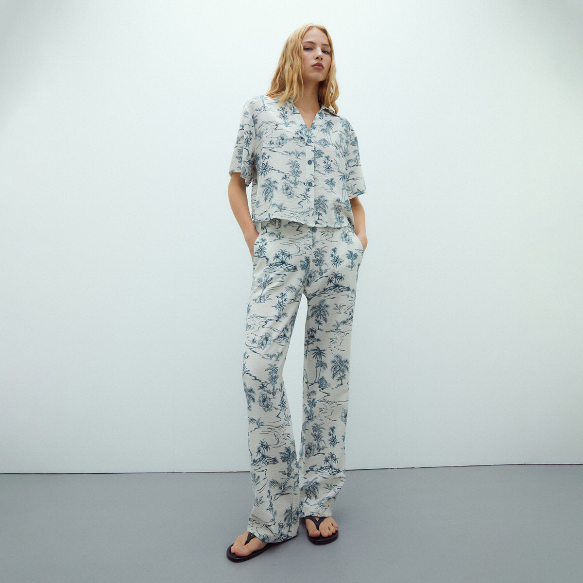 High-Waisted Tropical Print Trousers