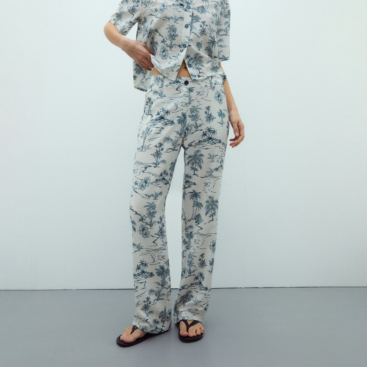 High-Waisted Tropical Print Trousers