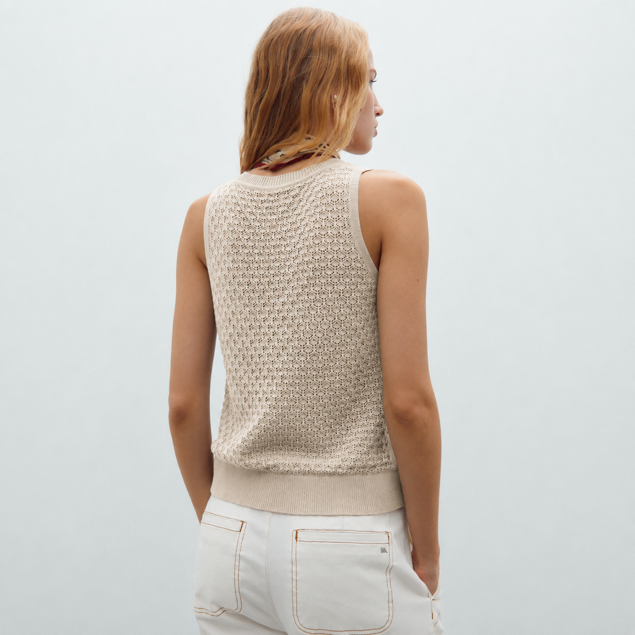 Open-Knit Sleeveless Round-Neck Jumper - Beige