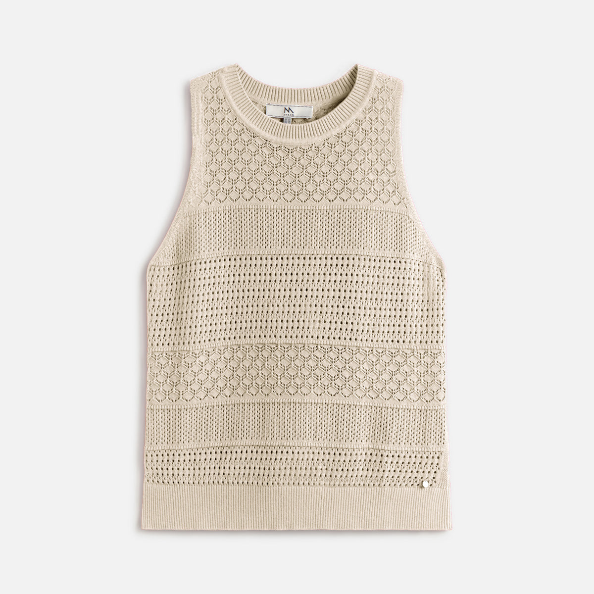 Open-Knit Sleeveless Round-Neck Jumper - Beige