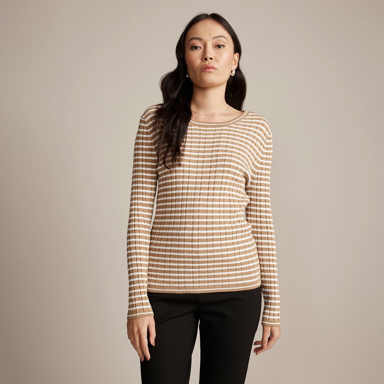 Fine Stripe Rib Knit - Tan