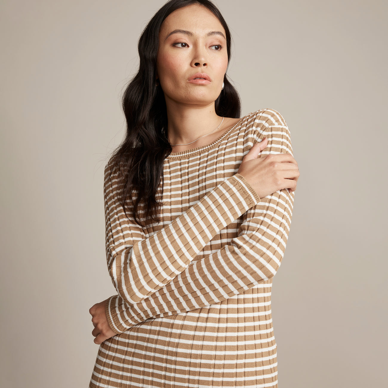 Fine Stripe Rib Knit - Tan