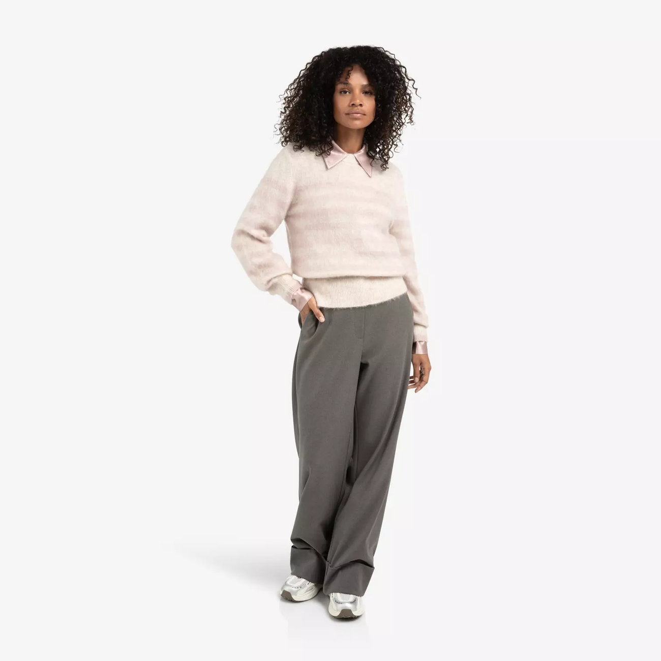 Striped Sweater with Round Neck - Shadow Grey Pink