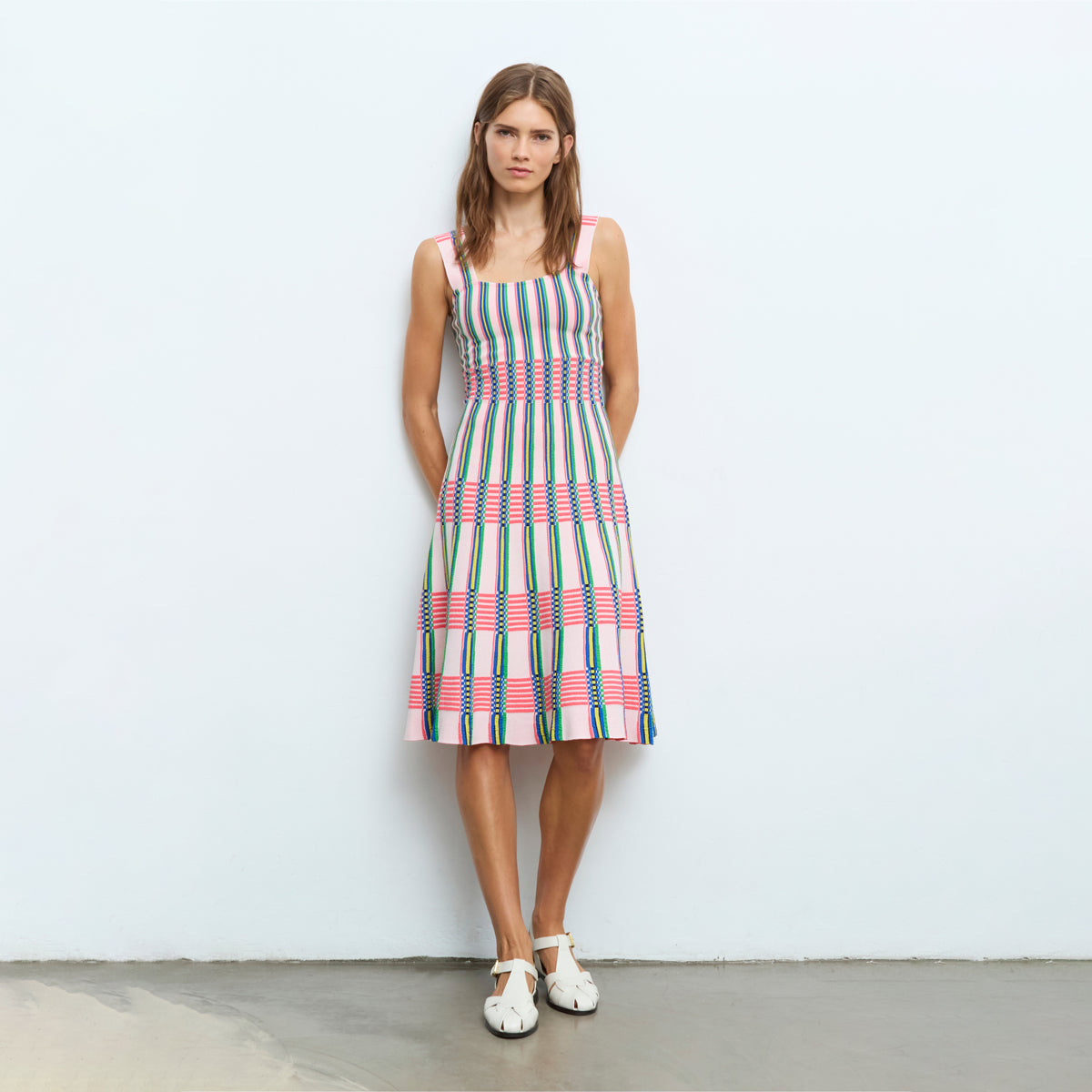 Pleated and Striped Knit Dress
