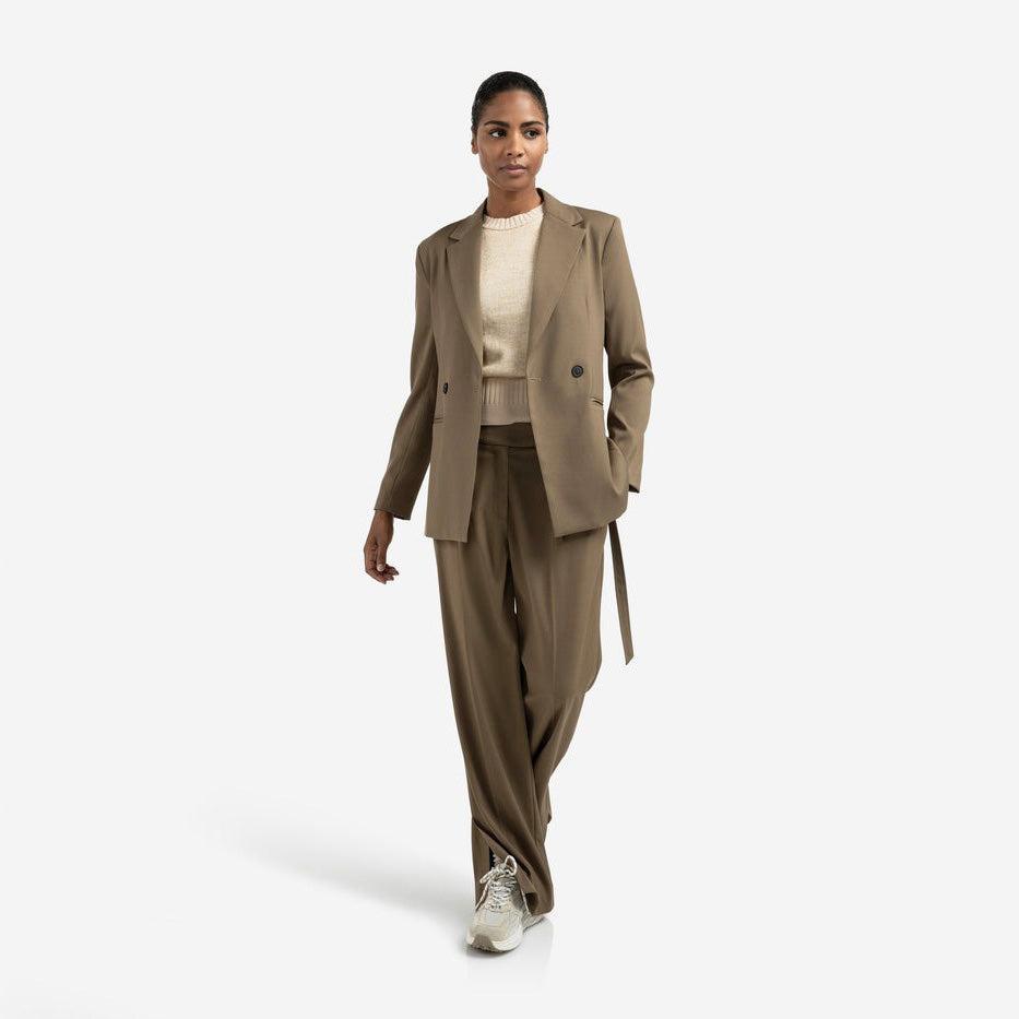 Blazer with Belt & Double-Breasted Closure - Capers Brownish Green