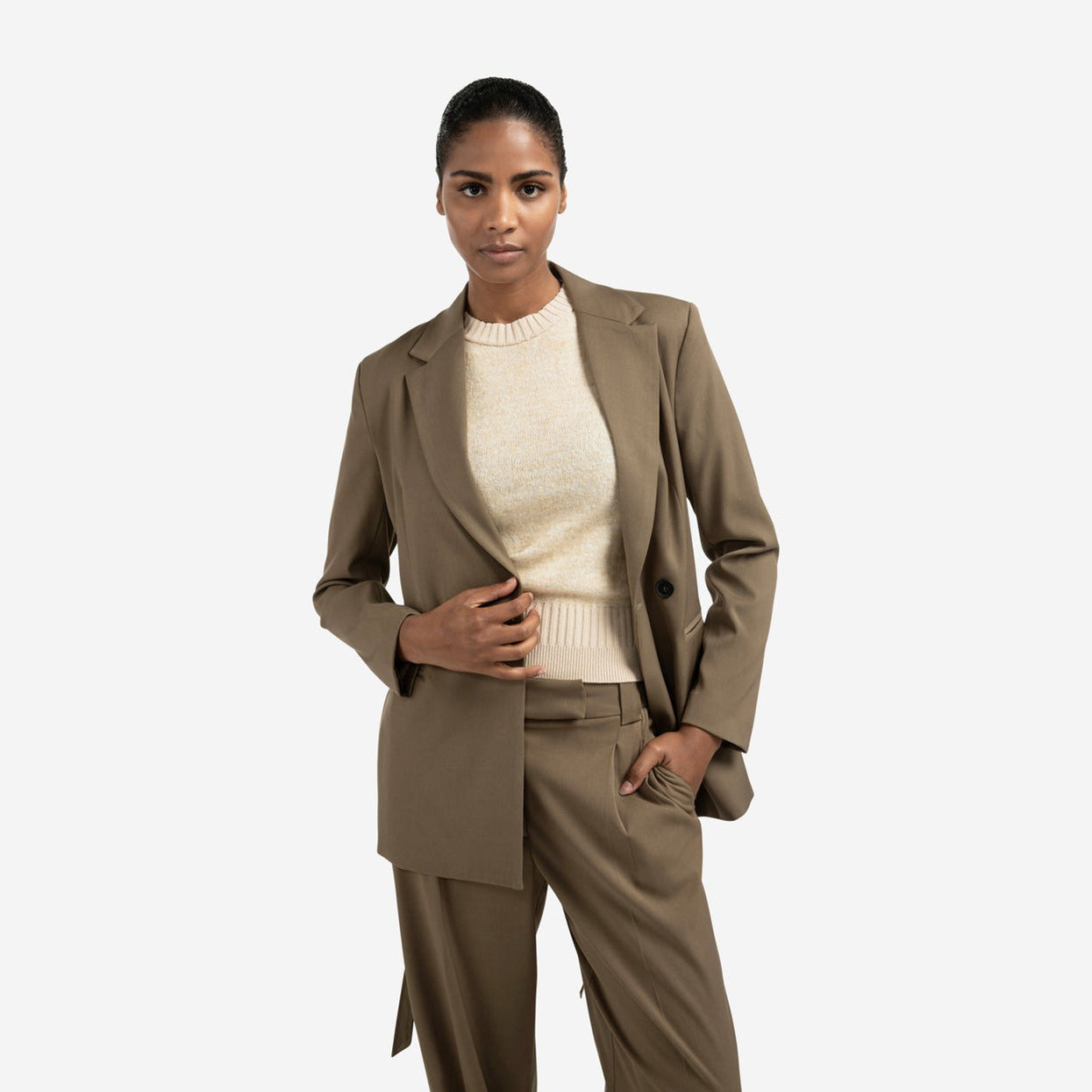 Blazer with Belt & Double-Breasted Closure - Capers Brownish Green