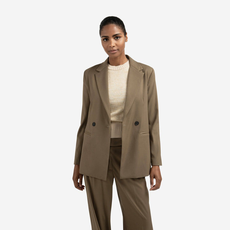Blazer with Belt & Double-Breasted Closure - Capers Brownish Green