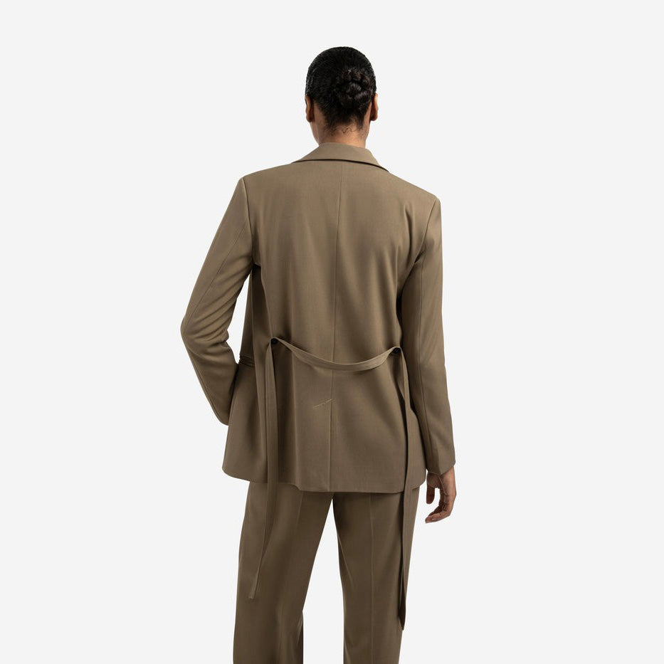 Blazer with Belt & Double-Breasted Closure - Capers Brownish Green