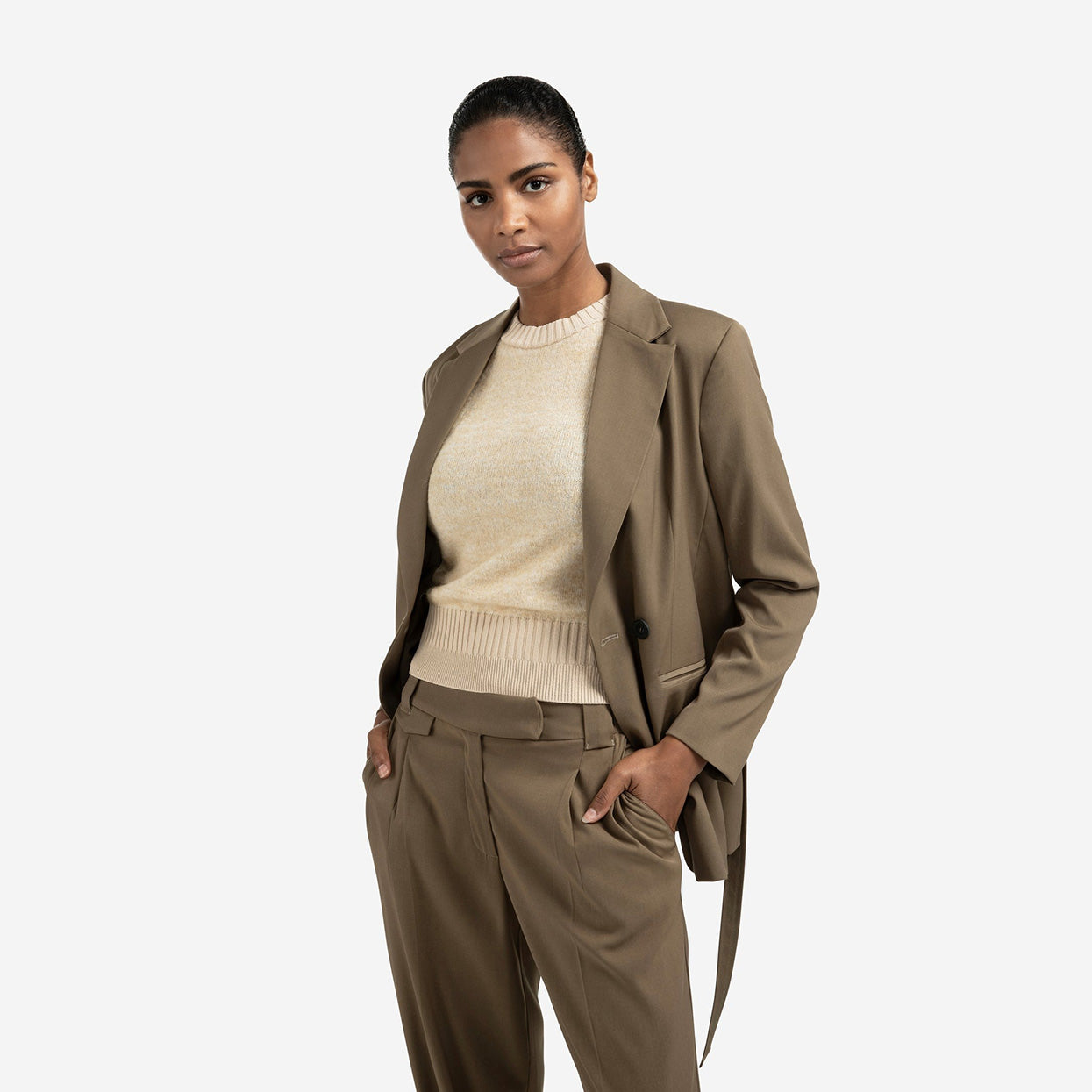 Blazer with Belt & Double-Breasted Closure - Capers Brownish Green