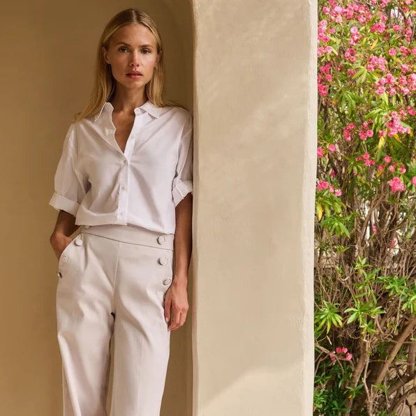 Blouse with Short Roll-Up Sleeves - Pure White