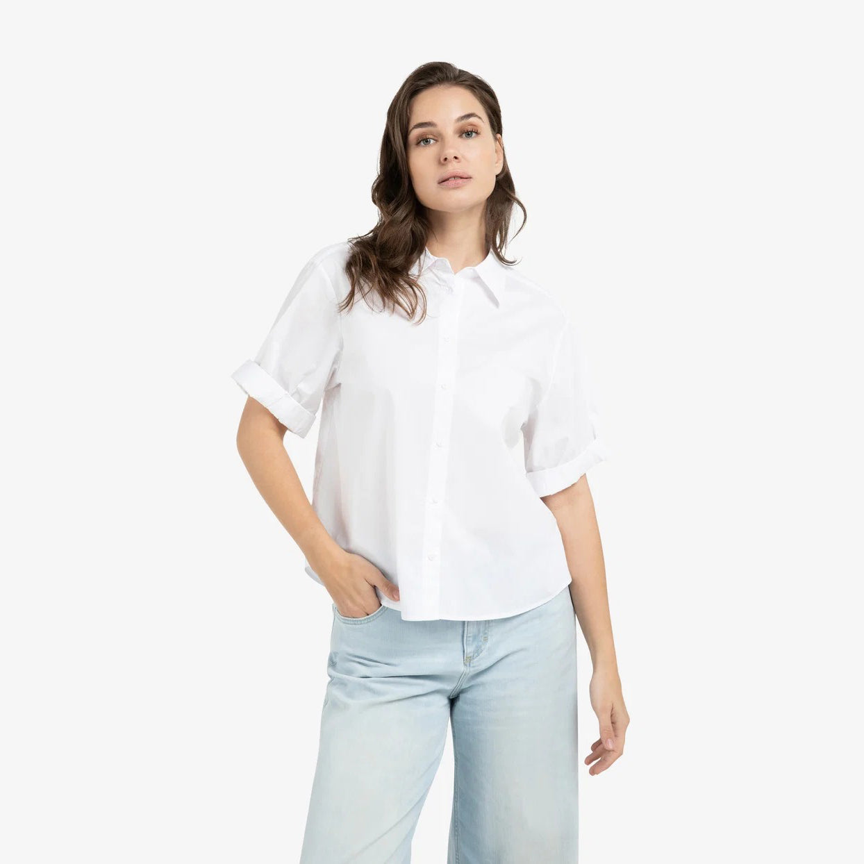 Blouse with Short Roll-Up Sleeves - Pure White