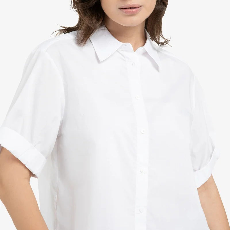 Blouse with Short Roll-Up Sleeves - Pure White
