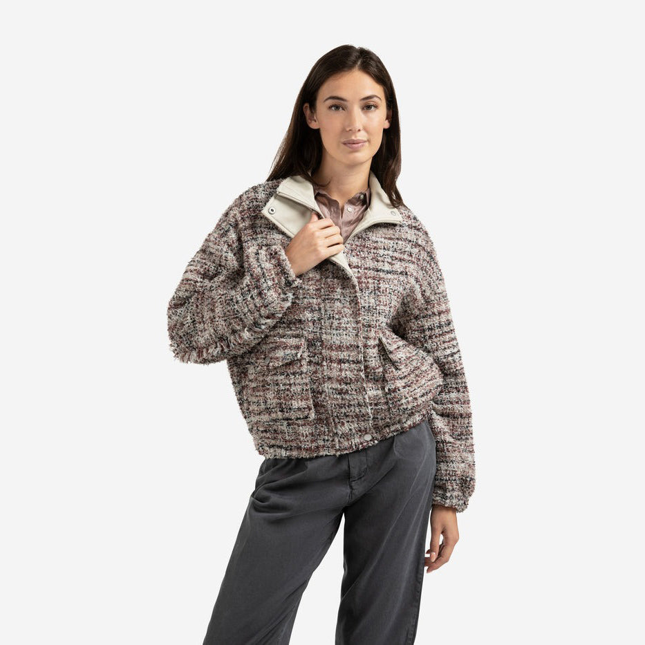 Bouclé Jacket with Fringes and Stand-Up Collar
