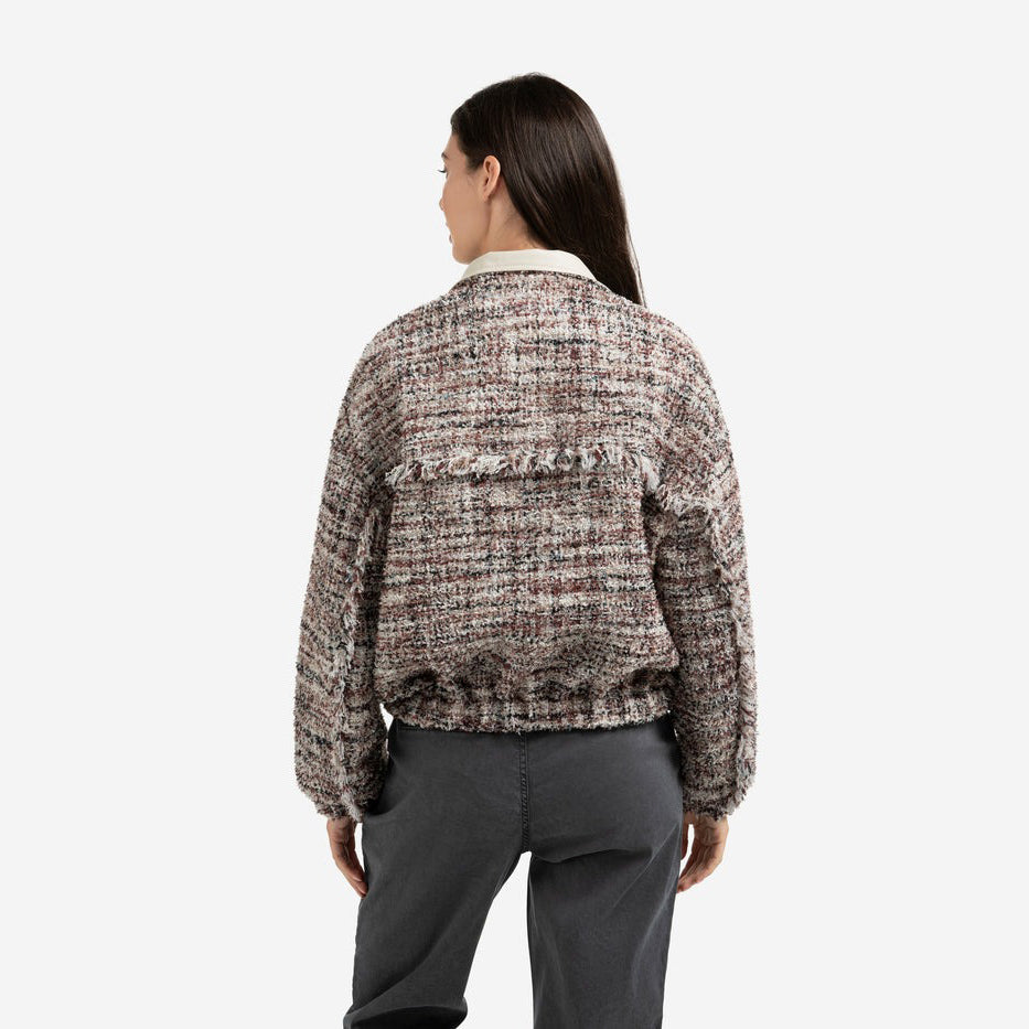 Bouclé Jacket with Fringes and Stand-Up Collar