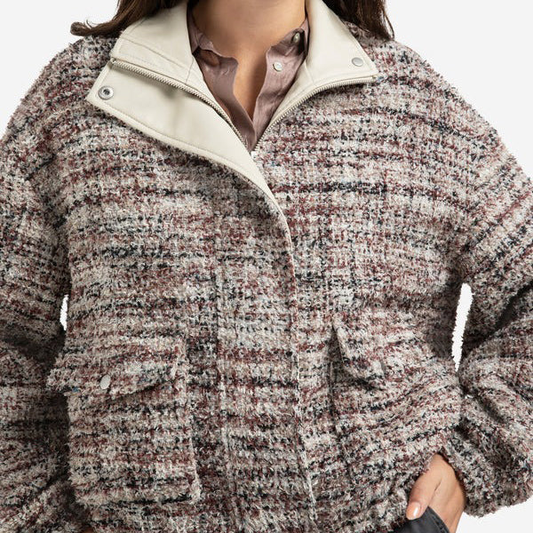 Bouclé Jacket with Fringes and Stand-Up Collar