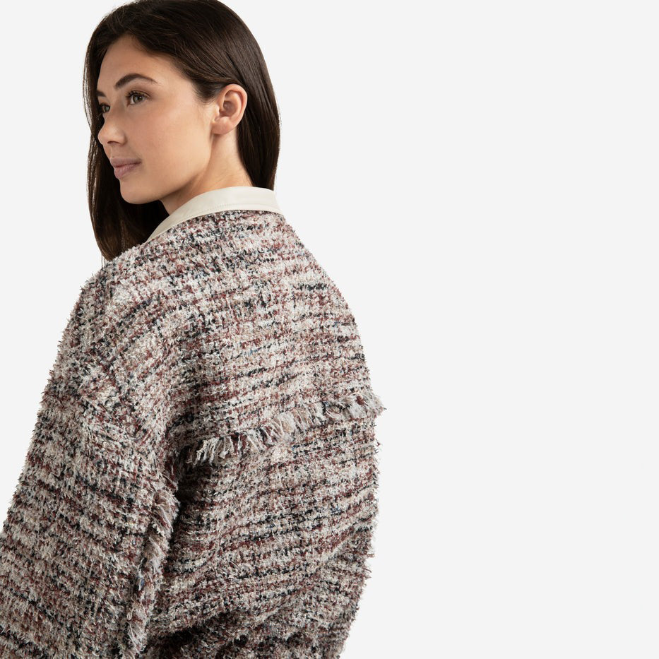 Bouclé Jacket with Fringes and Stand-Up Collar
