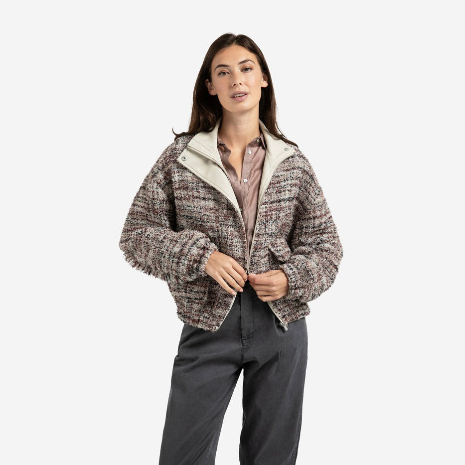 Bouclé Jacket with Fringes and Stand-Up Collar